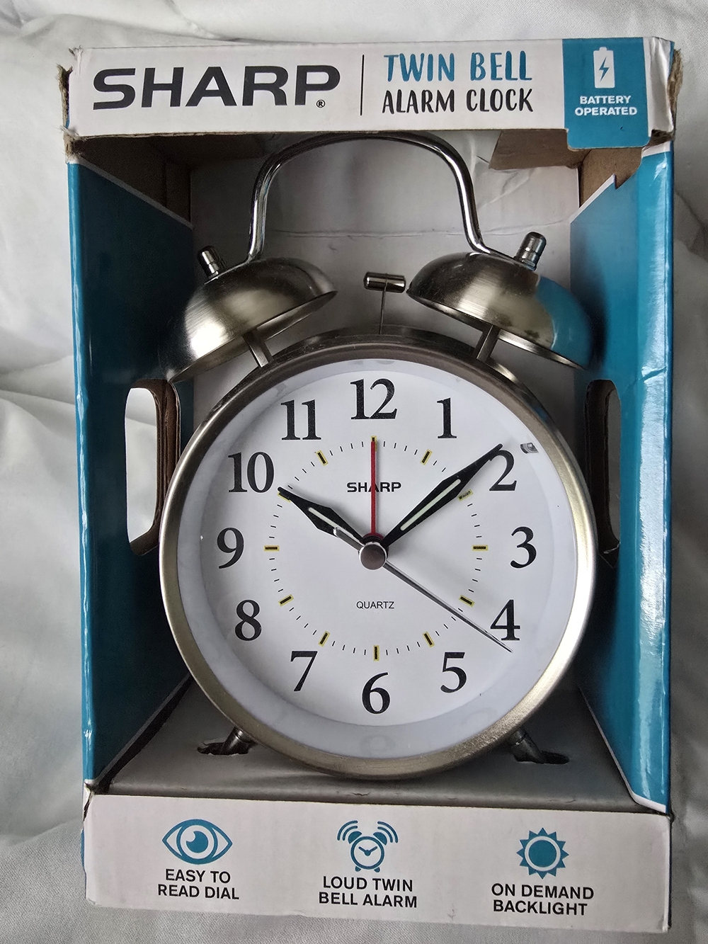 Sharp Silver Twin Bell Alarm Clock - White Dial NIB